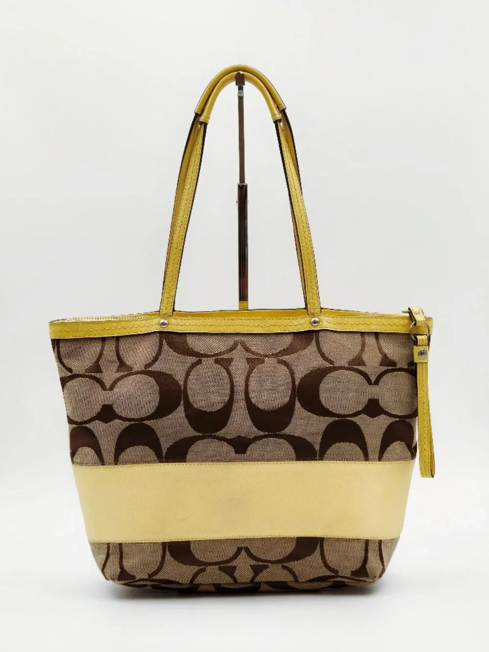 Coach Signature C Canvas Tote Bag Brown Yellow Leather Shoulder Bag